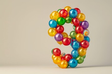 Number 9 made out of colorful balloons with a solid background. Age, anniversary, birthday, party celebration background.