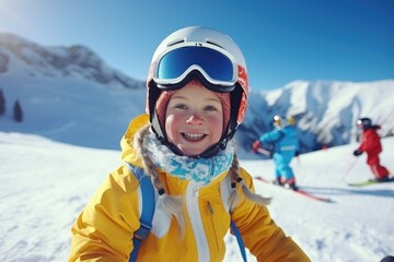 Fototapeta na wymiar A young child dressed in a yellow jacket and goggles is pictured on a ski slope. This image can be used to showcase winter activities and the joy of skiing