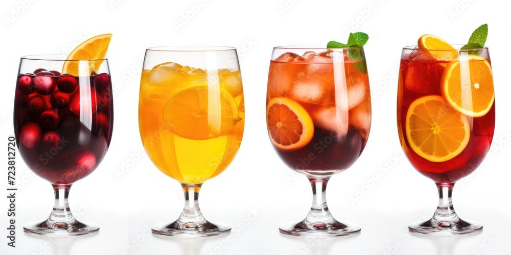 Poster Various types of drinks are displayed in a row of glasses. This image can be used to showcase a variety of beverages or for a bar or restaurant menu design