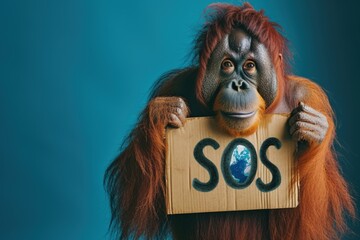 Orangutan holding a sign saying SOS, save the planet, Earth Day concept.