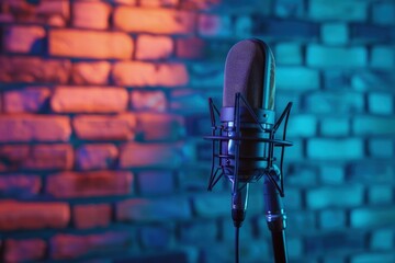Studio microphone in room with neon lights, brick wall in background, entertainment and podcast concept.