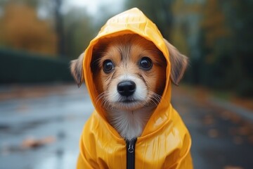 A small dog wearing a bright yellow raincoat. Perfect for pet fashion or rainy day themes
