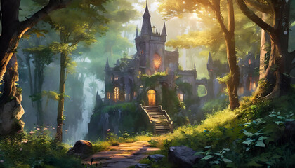 Castle background in the forest that could be used in a fantasy game 1