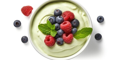 A delicious bowl of yogurt topped with fresh raspberries and garnished with mint leaves. Perfect...