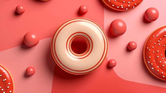 Geometric Composition With Round Red Objects And A Plate On A Coral Background. Suitable For Simple And Aesthetic Product Presentations And Graphic Design
