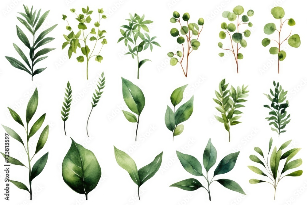 Poster a collection of watercolor green leaves and branches. perfect for adding a natural touch to your des