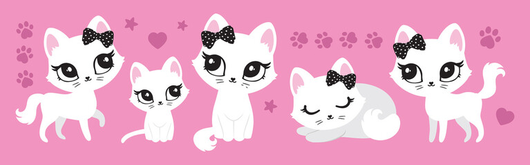 Illustration of cute cat, kitten. Baby, child, cute portrait. Little face, little animal, pet. White character, black graphic. Stickers, wall art, kids room decoration, cutie full face, small kitty