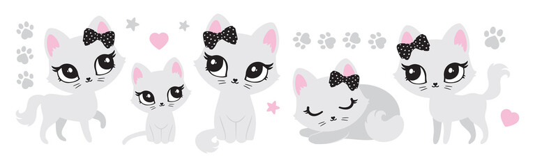 Illustration of cute cat, kitten. Baby, child, cute portrait. Little face, little animal, pet. White character, black graphic. Stickers, wall art, kids room decoration, cutie full face, small kitty