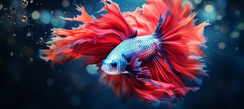 Aquatic life  vibrant red and blue betta fish portrait in dazzling underwater bokeh background