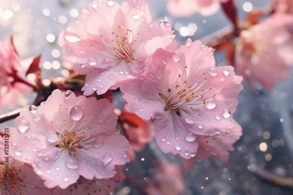 Poster a beautiful bunch of pink flowers with water droplets. perfect for adding a touch of freshness and v