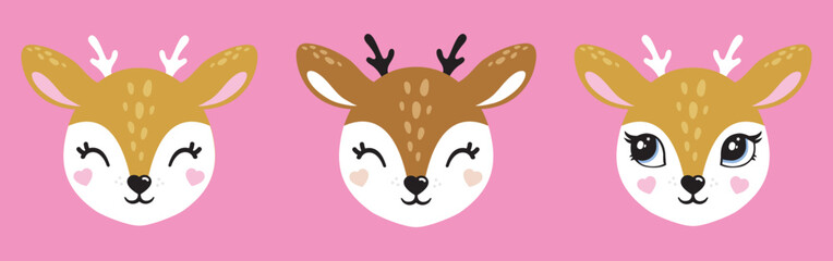 Illustration of cute deer, fawn. Baby, child, cute portrait. Little face, little animal, pet. Brown character, colorful graphic. Stickers, wall art, kids room decoration, cutie full face, small fawn