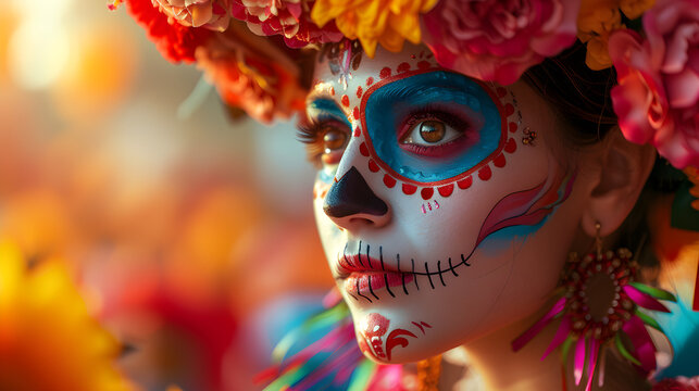 Dia de los muertos. Day of The Dead. Woman with sugar skull makeup on a floral background. Calavera Catrina. Halloween. Generative Ai