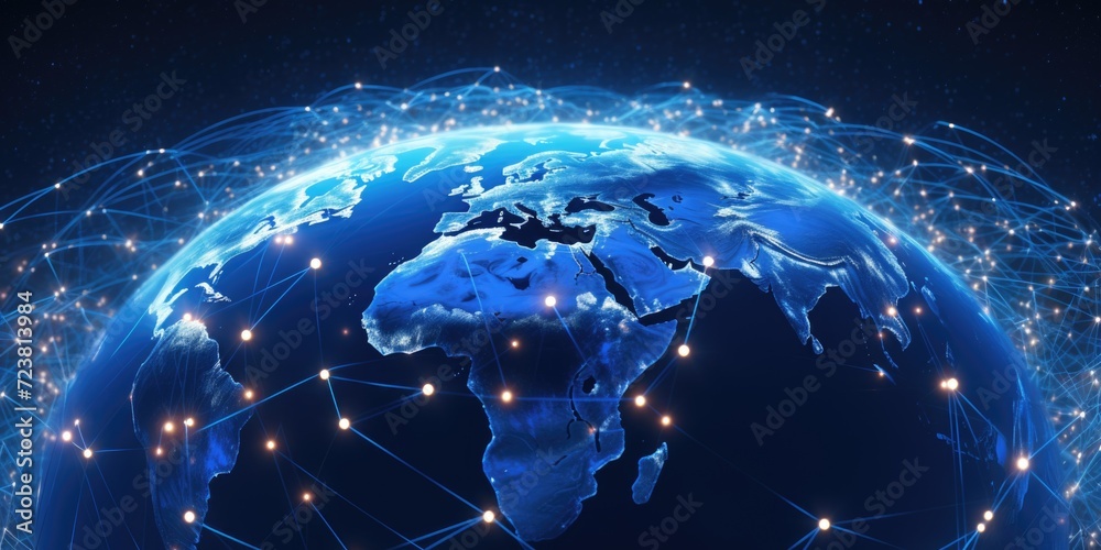 Poster A blue globe with a beautiful display of lights. Perfect for use in presentations or as a background image