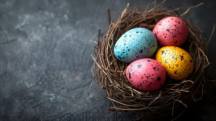 Nest Filled With Eggs on Table - obrazy, fototapety, plakaty