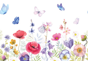 Watercolor illustration of summer, spring meadow. Poppy flower, meadow flower, camomile, daisy, blue bell. Pink, red, yellow, violet, blue flowers and green plants. Butterflies, colorful insects.