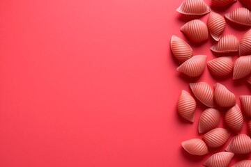 burgundy seashells in the corner on a plain red background, Concept: marine theme, travel or design element