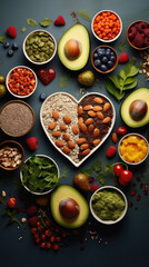 Healthy food selection in heart shaped bowls over dark blue background .