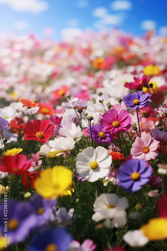 Poster a beautiful field of colorful flowers with a clear blue sky in the background. perfect for nature en