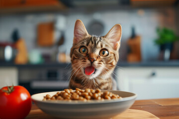 Beautiful domestic cat eating cat food from a bowl