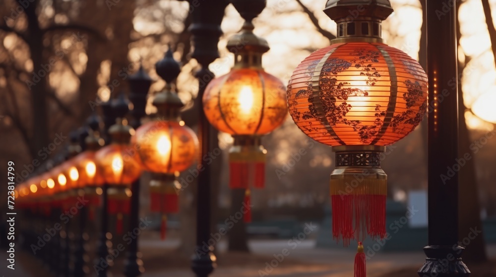 Poster A row of red lanterns hanging from a pole. Can be used to add a festive touch to any event or celebration