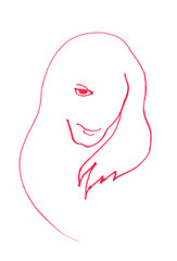 Isolated brutal male face in one-line art style. A stylized portrait of a devilishly smiling man with long hair flowing strands. Expressive creative profile by bright pink lines for fashionable design