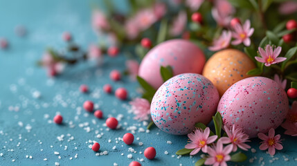 Blue Table Adorned With Pink and Yellow Eggs
