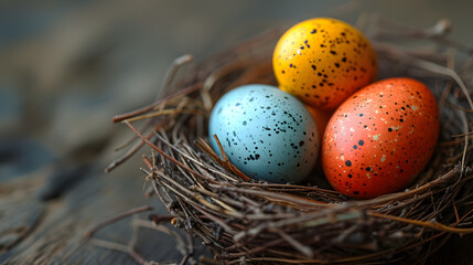 Naklejka na ściany i meble Three Colorful Eggs in a Nest on a Table