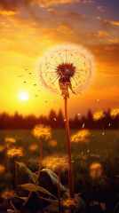 Beautiful dandelion flower on the background of the setting sun