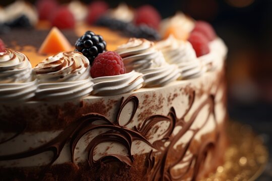 A close-up photograph of a delicious cake placed on a plate. This image can be used to showcase a beautiful dessert or for baking and food-related content