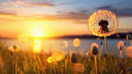 Beautiful dandelion flowers on the background of the setting sun