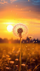 Dandelion seeds with water drops on sunset background. Beautiful nature scene .