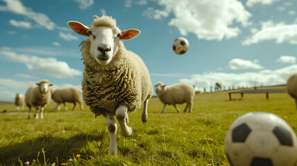 Action photograph of sheep playing soccer Animals. Sports