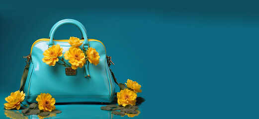 beautiful female blue turquoise handbag with elegant yellow flowers over blue background with copy space like fashion and elegance and accessory concept 