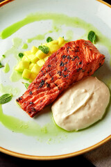 Griled Salmon with Apple Garnish and Mint Sauce. - 723815716