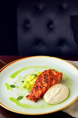 Seared Salmon with Apple Garnish and Mint Sauce - 723815752