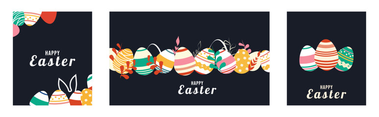 A set of posters in a flat style.  Children's illustration. Spring holiday. Religion and fasting. Postcard cover. Rabbit ears. Pattern of eggs, flowers, plants. Basket. Postcard template. Leinart. 