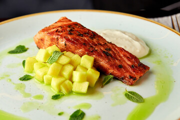 Seared Salmon with Apple Garnish and Mint Sauce - 723815788