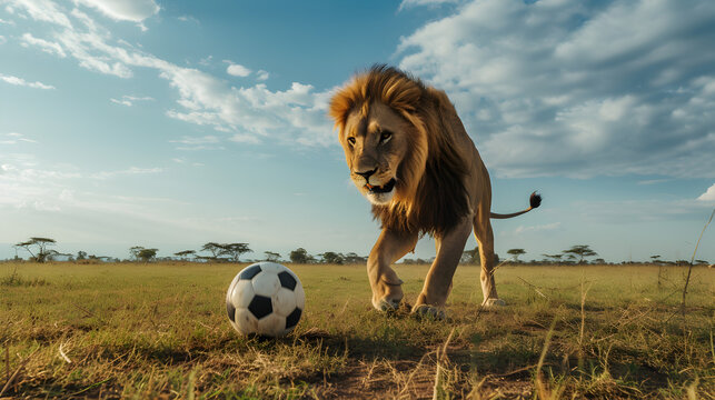 Action photograph of lion playing soccer Animals. Sports