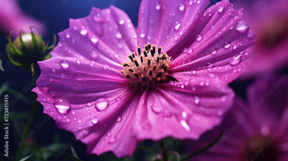Poster A close-up image of a pink flower with sparkling water droplets. Perfect for adding a touch of beauty and freshness to any project