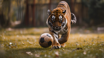 Action photograph of tiger playing soccer Animals. Sports - obrazy, fototapety, plakaty
