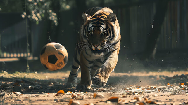 Action photograph of tiger playing soccer Animals. Sports