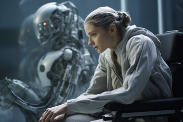 Fototapeta na wymiar A young woman looks worried while thinking about something sitting next to a humanoid robot