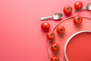 red cherry tomatoes around a white plate on a pink background. Concept: fresh and simple, ideal for content about cooking, healthy eating and food
