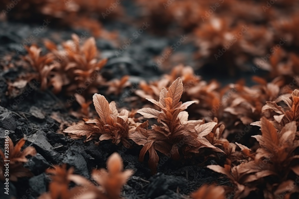 Poster a close-up view of a bunch of brown leaves. suitable for autumn-themed designs or nature-related pro
