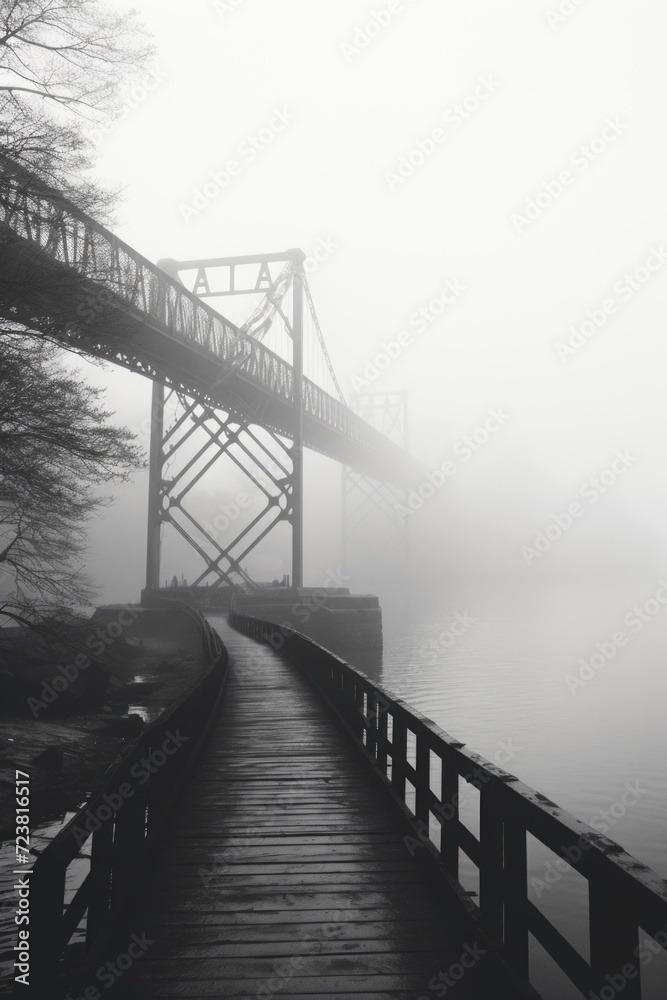 Poster A black and white photo of a bridge covered in fog. Perfect for adding a mysterious and atmospheric touch to any project