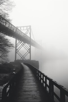 A black and white photo of a bridge covered in fog. Perfect for adding a mysterious and atmospheric touch to any project