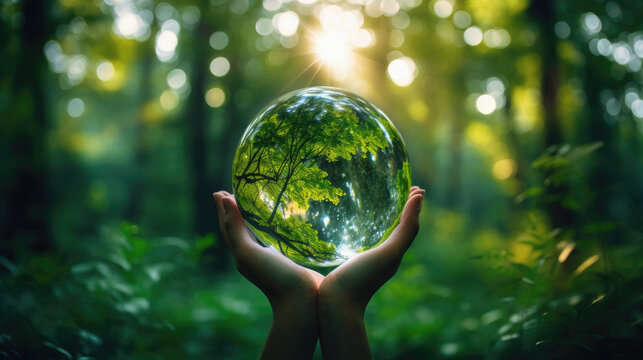 Human hands holding a crystal ball with the image of a green forest .