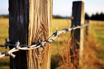 A detailed view of a wooden fence with barbed wire. Suitable for security, boundary, or protection concepts