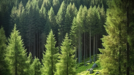 Pine forest in the mountains. Nature background. Panorama .