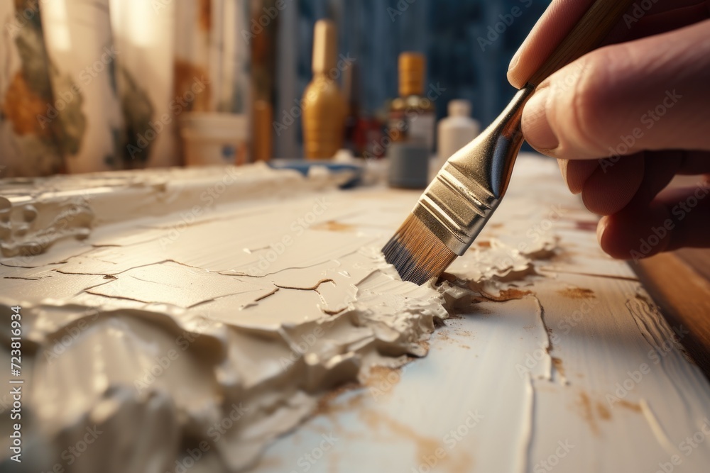 Aufkleber A person is using a brush to paint a piece of paper. This image can be used for various creative projects